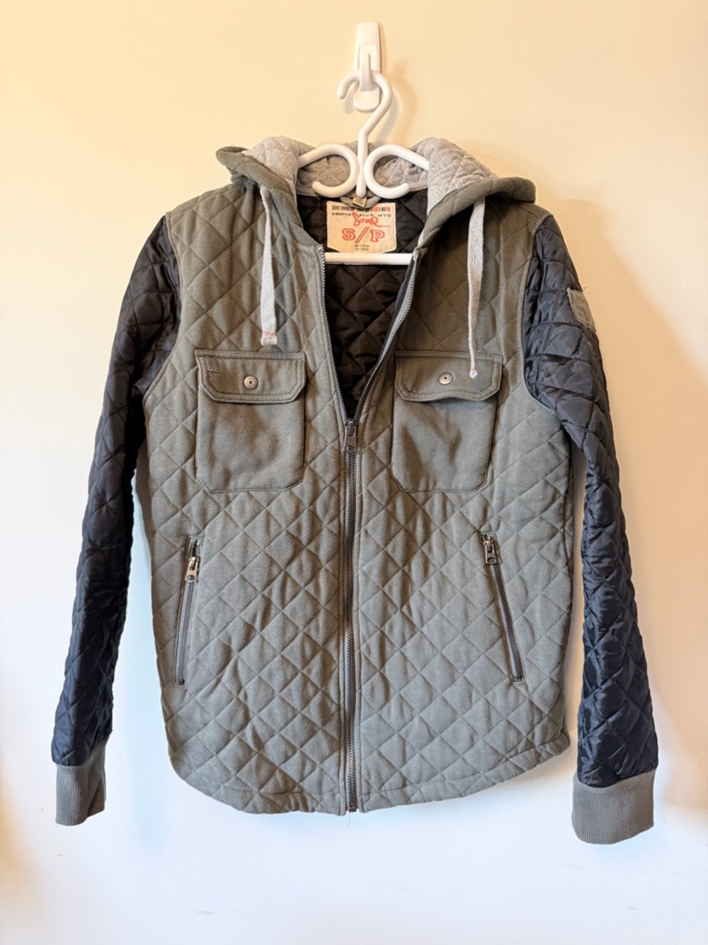 Triple Five Soul Quilted Hooded Jacket in Olive Green and Black